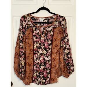 Tru Luxe Jeans Women’s Patchwork Floral Ruffle Boho Key Hole Neck Blouse Large
